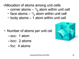 Copyright McGraw-Hill 2009 34
• Number of atoms per unit cell
–scc: 1 atom
–bcc: 2 atoms
–fcc: 4 atoms
•Allocation of atoms among unit cells
− corner atoms – 1/8 atom within unit cell
− face atoms – 1/2 atom within unit cell
− body atoms – 1 atom within unit cell
 