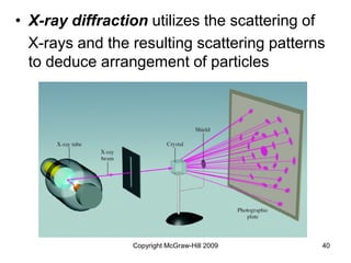 Copyright McGraw-Hill 2009 40
• X-ray diffraction utilizes the scattering of
X-rays and the resulting scattering patterns
to deduce arrangement of particles
 