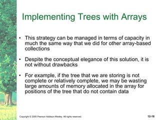 Implementing Trees with Arrays This strategy can be managed in terms of capacity in much the same way that we did for other array-based collections Despite the conceptual elegance of this solution, it is not without drawbacks For example, if the tree that we are storing is not complete or relatively complete, we may be wasting large amounts of memory allocated in the array for positions of the tree that do not contain data 
