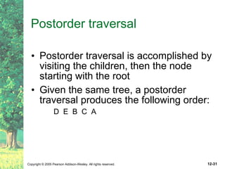 Postorder traversal Postorder traversal is accomplished by visiting the children, then the node starting with the root Given the same tree, a postorder traversal produces the following order: D  E  B  C  A 
