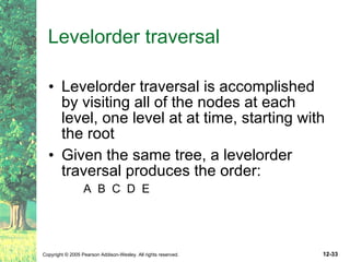 Levelorder traversal Levelorder traversal is accomplished by visiting all of the nodes at each level, one level at at time, starting with the root Given the same tree, a levelorder traversal produces the order: A  B  C  D  E 