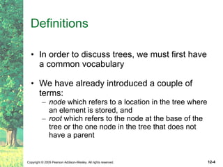 Definitions In order to discuss trees, we must first have a common vocabulary We have already introduced a couple of terms:  node  which refers to a location in the tree where an element is stored, and  root  which refers to the node at the base of the tree or the one node in the tree that does not have a parent 