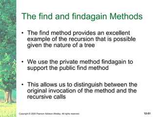 The find and findagain Methods The find method provides an excellent example of the recursion that is possible given the nature of a tree We use the private method findagain to support the public find method This allows us to distinguish between the original invocation of the method and the recursive calls 