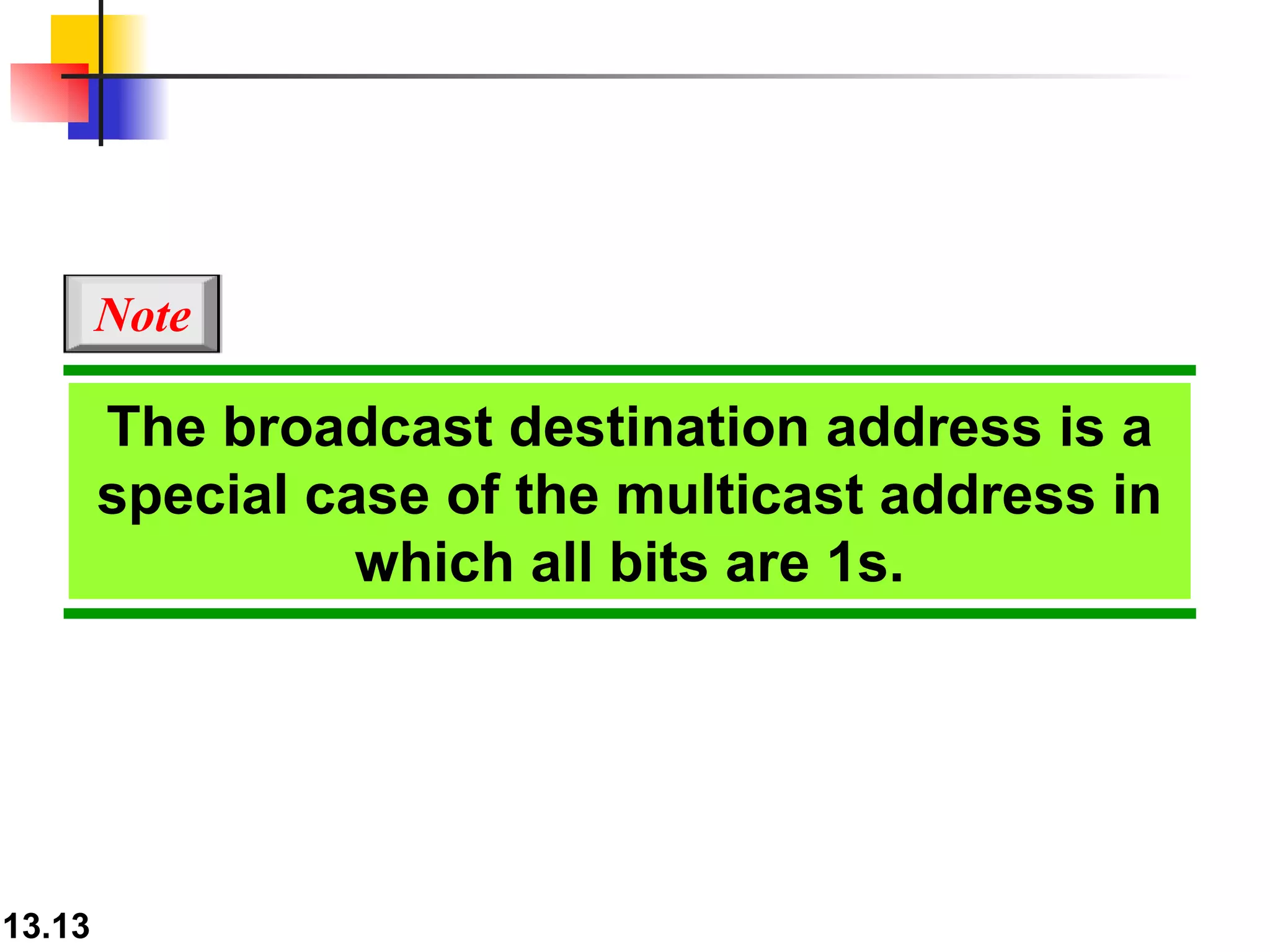 The broadcast destination address is a special case of the multicast address in which all bits are 1s. Note 