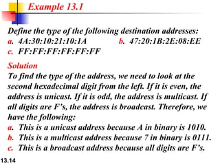 Define the type of the following destination addresses: a .  4A:30:10:21:10:1A  b .  47:20:1B:2E:08:EE c.   FF:FF:FF:FF:FF:FF Solution To find the type of the address, we need to look at the second hexadecimal digit from the left. If it is even, the address is unicast. If it is odd, the address is multicast. If all digits are F’s, the address is broadcast. Therefore, we have the following: a .  This is a unicast address because A in binary is 1010. b.   This is a multicast address because 7 in binary is 0111. c.   This is a broadcast address because all digits are F’s. Example 13.1 