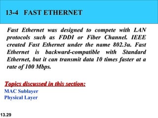 13-4  FAST ETHERNET Fast Ethernet was designed to compete with LAN protocols such as FDDI or Fiber Channel. IEEE created Fast Ethernet under the name 802.3u. Fast Ethernet is backward-compatible with Standard Ethernet, but it can transmit data 10 times faster at a rate of 100 Mbps.  MAC Sublayer Physical Layer Topics discussed in this section: 