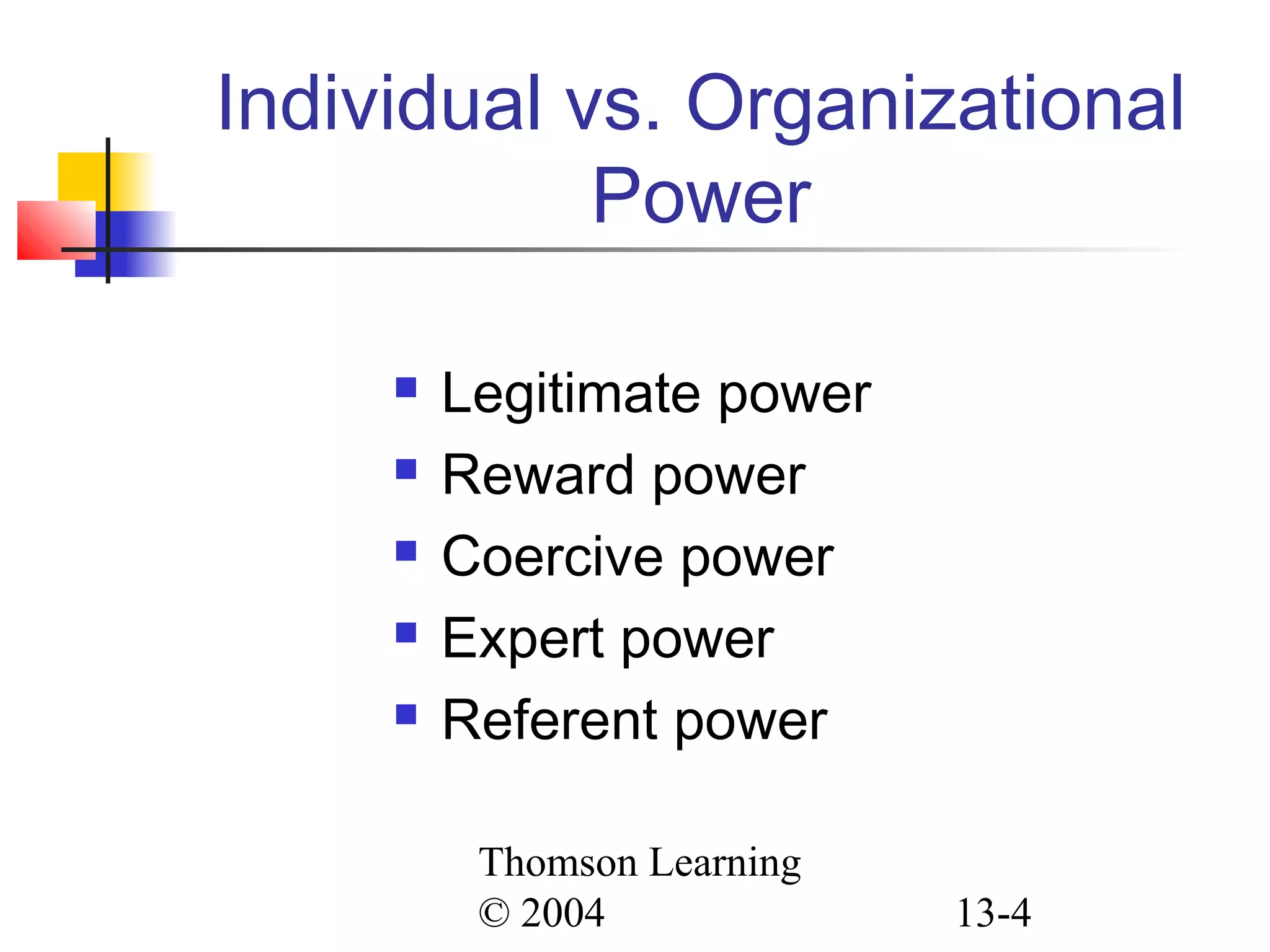 Thomson Learning
© 2004 13-4
Individual vs. Organizational
Power
 Legitimate power
 Reward power
 Coercive power
 Expert power
 Referent power
 