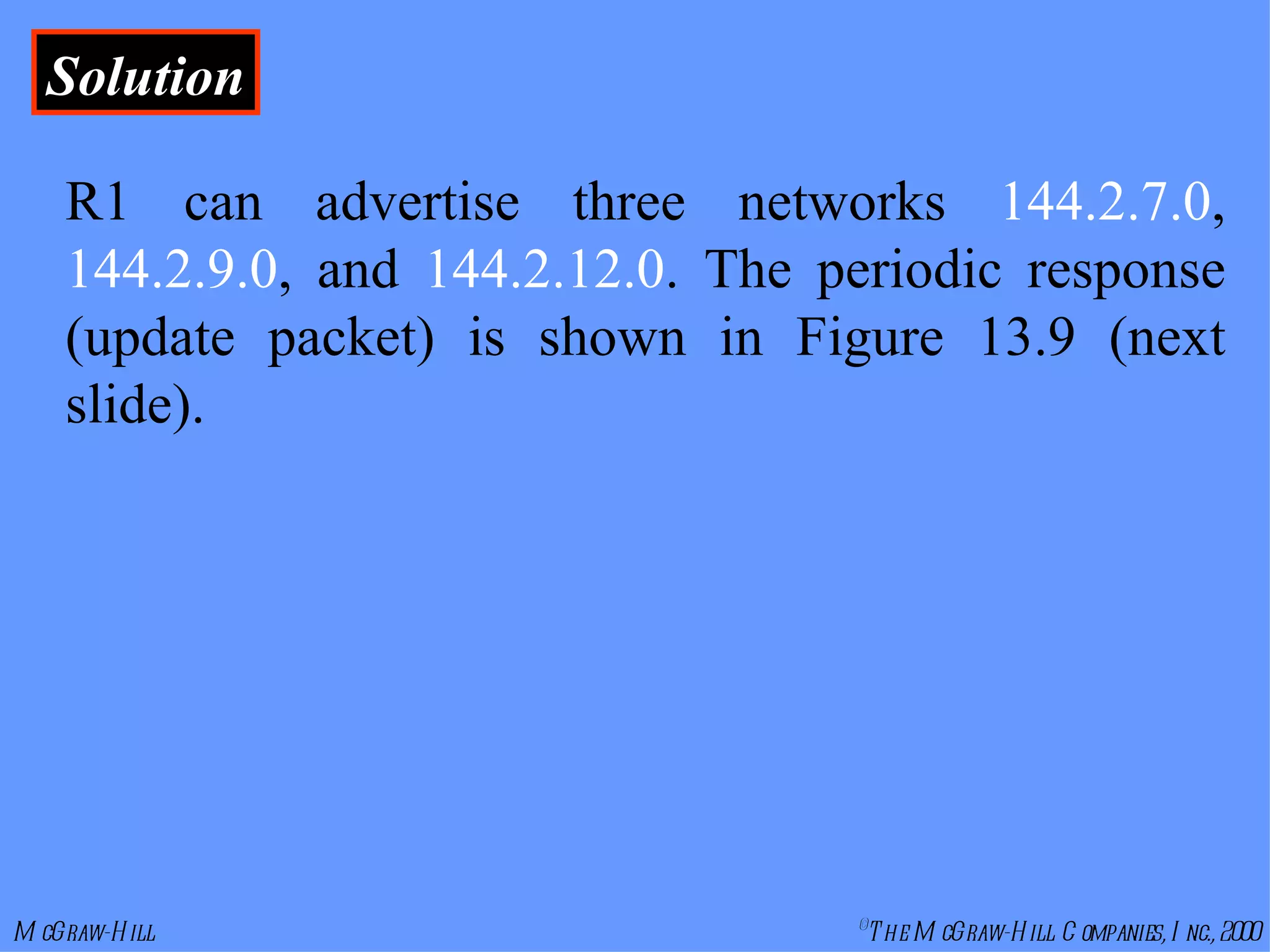 Solution R1 can advertise three networks  144.2.7.0 ,  144.2.9.0 , and  144.2.12.0 . The periodic response (update packet) is shown in Figure 13.9 (next slide). 