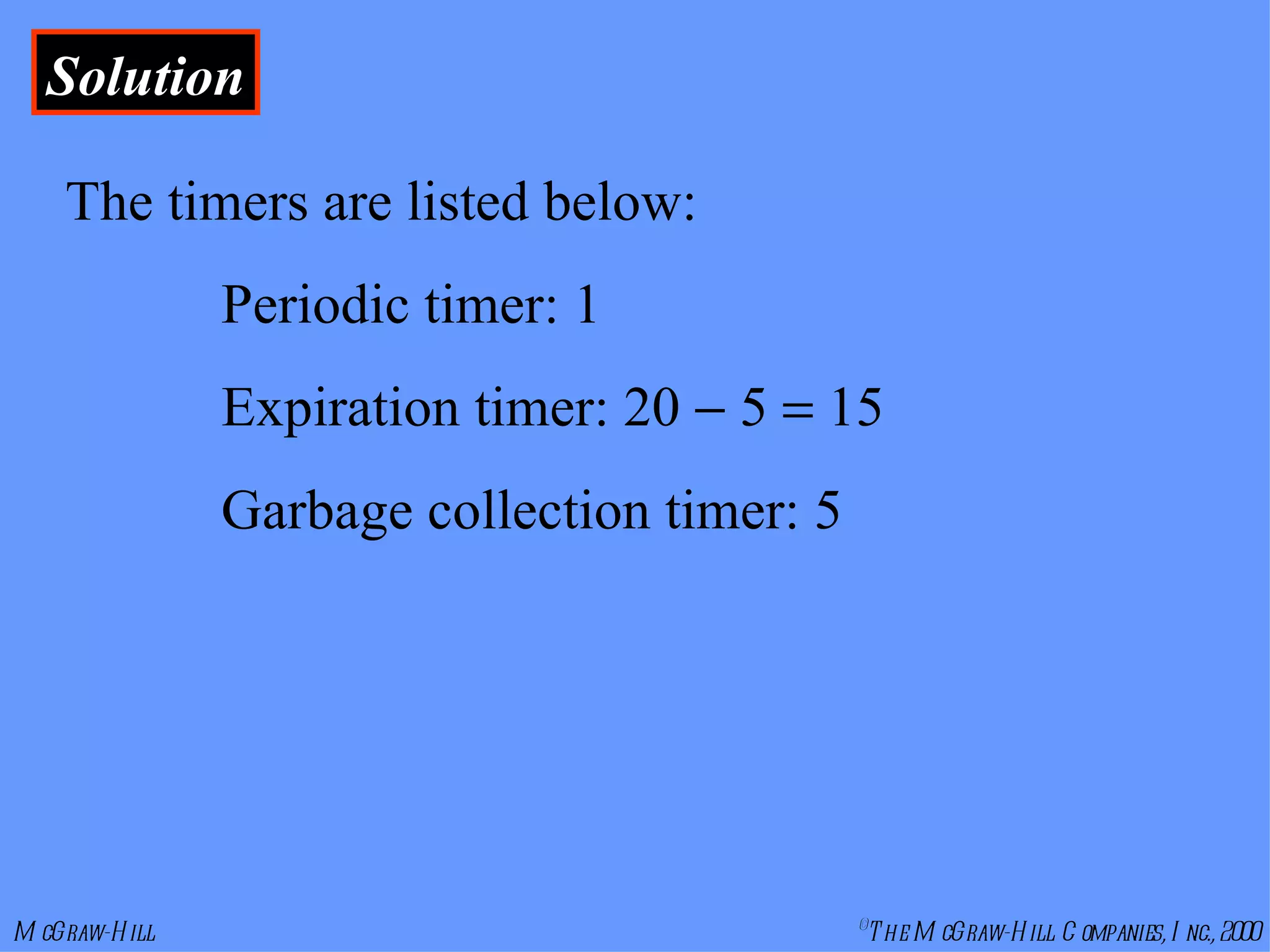 Solution The timers are listed below: Periodic timer: 1 Expiration timer: 20    5    15 Garbage collection timer: 5 