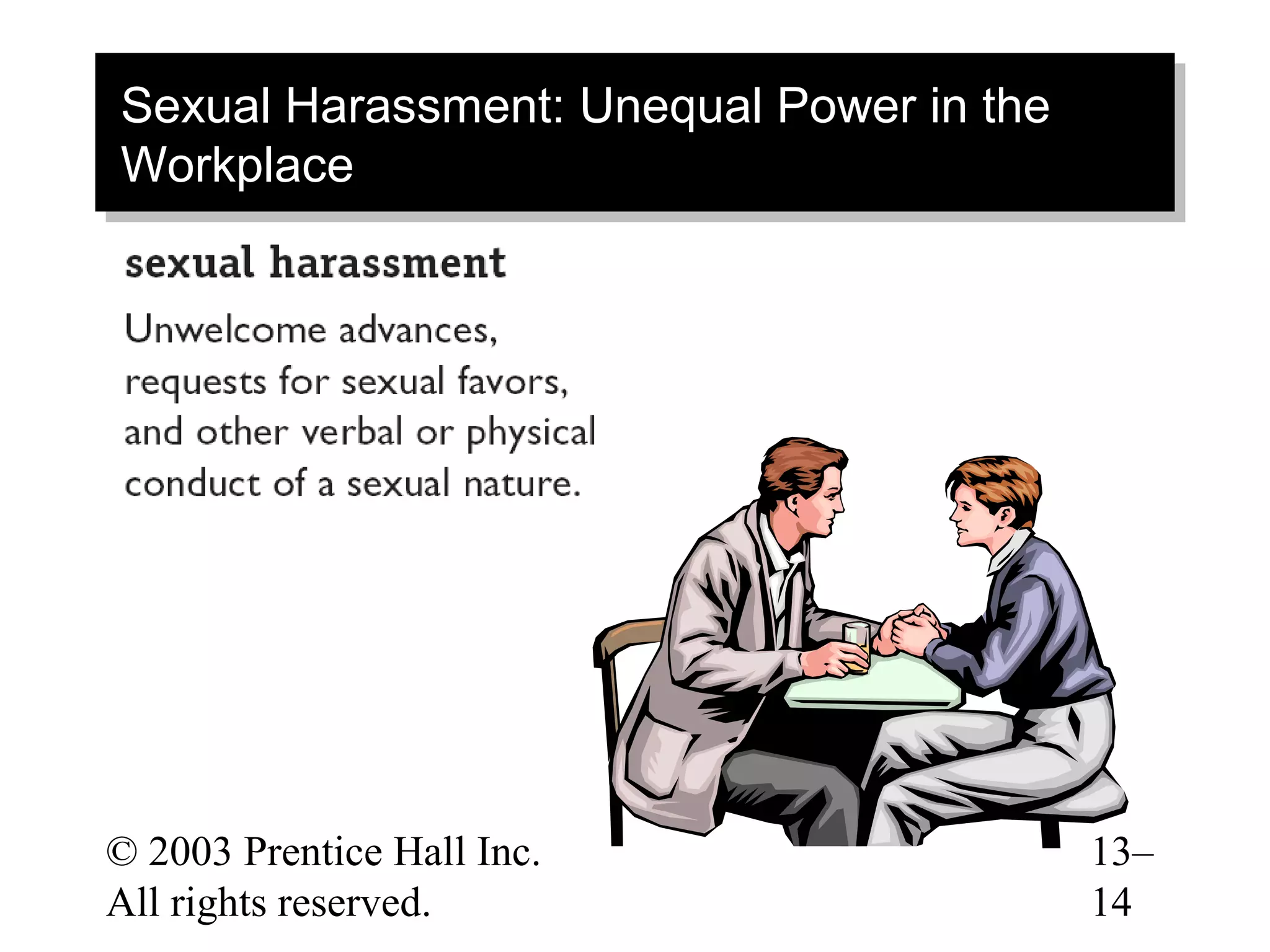 Sexual Harassment: Unequal Power in the
Sexual Harassment: Unequal Power in the
Workplace
Workplace




© 2003 Prentice Hall Inc.                 13–
All rights reserved.                      14
 