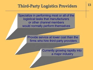 Third-Party Logistics Providers 13 Specialize in performing most or all of the logistical tasks that manufacturers or other channel members would normally perform themselves Provide service at lower cost than the  firms who hire third-party providers Currently growing rapidly into  a major industry 