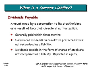 What is a Current Liability? Amount owed by a corporation to its stockholders as a result of board of directors’ authorization. Dividends Payable Generally paid within three months. Undeclared dividends on cumulative preferred stock not recognized as a liability. Dividends payable in the form of shares of stock are not recognized as a liability.  Reported in equity. LO 2 Explain the classification issues of short-term debt expected to be refinanced. 