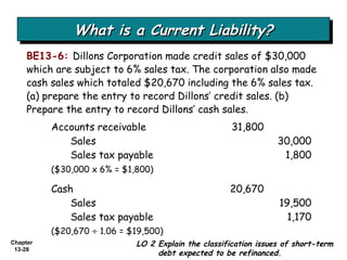 What is a Current Liability? BE13-6:   Dillons Corporation made credit sales of $30,000 which are subject to 6% sales tax. The corporation also made cash sales which totaled $20,670 including the 6% sales tax. (a) prepare the entry to record Dillons’ credit sales. (b) Prepare the entry to record Dillons’ cash sales. LO 2 Explain the classification issues of short-term debt expected to be refinanced. Accounts receivable  31,800 Sales 30,000 Sales tax payable 1,800 ($30,000 x 6% = $1,800)   Cash  20,670 Sales 19,500 Sales tax payable 1,170 ($20,670    1.06 = $19,500)  