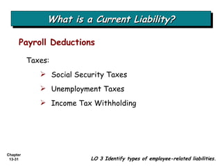 What is a Current Liability? Payroll Deductions Taxes: Social Security Taxes Unemployment Taxes Income Tax Withholding LO 3 Identify types of employee-related liabilities. 