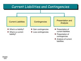 Current Liabilities Contingencies Presentation and Analysis What is a liability? What is a current liability? Gain contingencies Loss contingencies Presentation of current liabilities Presentation of contingencies Analysis of current liabilities Current Liabilities and Contingencies 