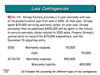 Loss Contingencies LO 5 Explain the accounting for different types of loss contingencies. BE13-13:   Streep Factory provides a 2-year warranty with one of its products which was first sold in 2010. In that year, Streep spent $70,000 servicing warranty claims. At year-end, Streep estimates that an additional $400,000 will be spent in the future to service warranty claims related to 2010 sales. Prepare Streep’s journal entry to record the $70,000 expenditure, and the December 31 adjusting entry. 2010 Warranty expense  70,000 Cash 70,000 12/31/10  Warranty expense  400,000 Warranty liability 400,000 