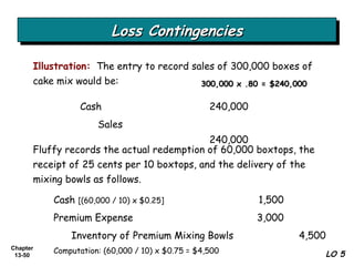 Loss Contingencies LO 5 Illustration:   The entry to record sales of 300,000 boxes of cake mix would be: Cash  240,000 Sales 240,000 300,000 x .80 = $240,000 Fluffy records the actual redemption of 60,000 boxtops, the receipt of 25 cents per 10 boxtops, and the delivery of the mixing bowls as follows. Cash  [(60,000 / 10) x $0.25]   1,500 Premium Expense  3,000 Inventory of Premium Mixing Bowls  4,500 Computation: (60,000 / 10) x $0.75 = $4,500 