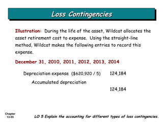 Loss Contingencies LO 5 Explain the accounting for different types of loss contingencies. Illustration:   During the life of the asset, Wildcat allocates the asset retirement cost to expense.  Using the straight-line method, Wildcat makes the following entries to record this expense. Depreciation expense  ($620,920 / 5) 124,184 Accumulated depreciation 124,184 December 31, 2010, 2011, 2012, 2013, 2014 