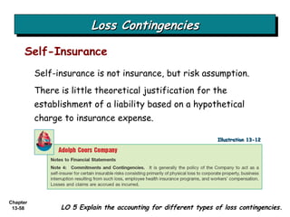 Loss Contingencies Self-insurance is not insurance, but risk assumption. There is little theoretical justification for the establishment of a liability based on a hypothetical charge to insurance expense. Self-Insurance LO 5 Explain the accounting for different types of loss contingencies. Illustration 13-12 