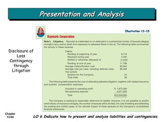 Presentation and Analysis LO 6 Indicate how to present and analyze liabilities and contingencies. Disclosure of Loss Contingency through Litigation Illustration 13-15 