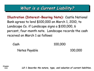 What is a Current Liability? Illustration (Interest-Bearing Note):  Castle National Bank agrees to lend $100,000 on March 1, 2010, to Landscape Co. if Landscape signs a $100,000, 6 percent, four-month note.  Landscape records the cash received on March 1 as follows: LO 1 Describe the nature, type, and valuation of current liabilities. Cash  100,000 Notes Payable  100,000 