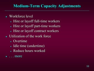 10
Medium-Term Capacity Adjustments
 Workforce level
 Hire or layoff full-time workers
 Hire or layoff part-time workers
 Hire or layoff contract workers
 Utilization of the work force
 Overtime
 Idle time (undertime)
 Reduce hours worked
 . . . more
 