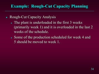 34
Example: Rough-Cut Capacity Planning
 Rough-Cut Capacity Analysis
 The plant is underloaded in the first 3 weeks
(primarily week 1) and it is overloaded in the last 2
weeks of the schedule.
 Some of the production scheduled for week 4 and
5 should be moved to week 1.
 