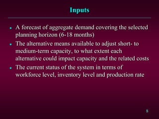 8
Inputs
 A forecast of aggregate demand covering the selected
planning horizon (6-18 months)
 The alternative means available to adjust short- to
medium-term capacity, to what extent each
alternative could impact capacity and the related costs
 The current status of the system in terms of
workforce level, inventory level and production rate
 