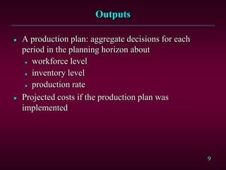 9
Outputs
 A production plan: aggregate decisions for each
period in the planning horizon about
 workforce level
 inventory level
 production rate
 Projected costs if the production plan was
implemented
 