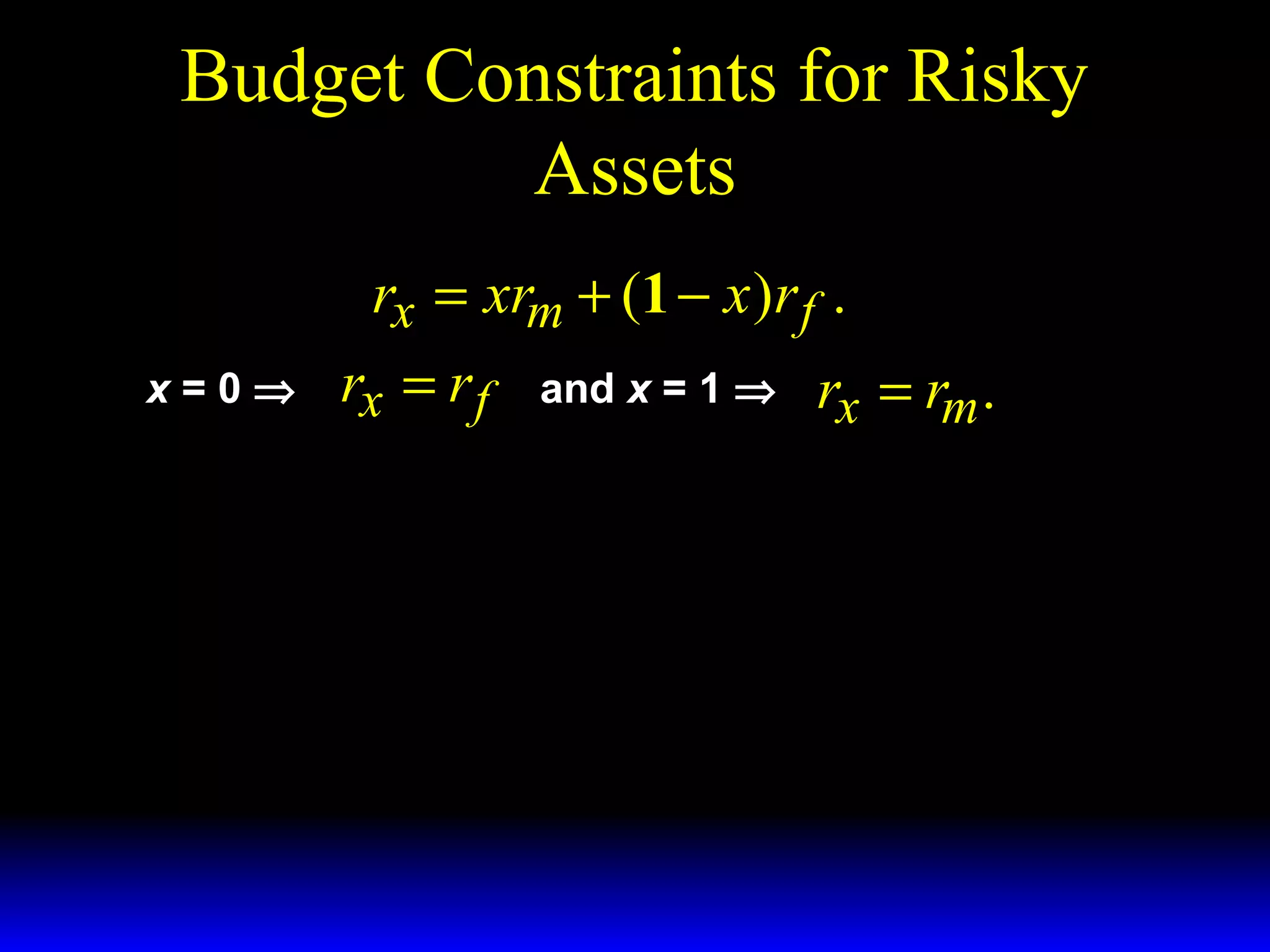 Budget Constraints for Risky
Assets
rx = xrm + (1 − x )r f .
x=0⇒

rx = r f

and x = 1 ⇒

rx = rm .

 