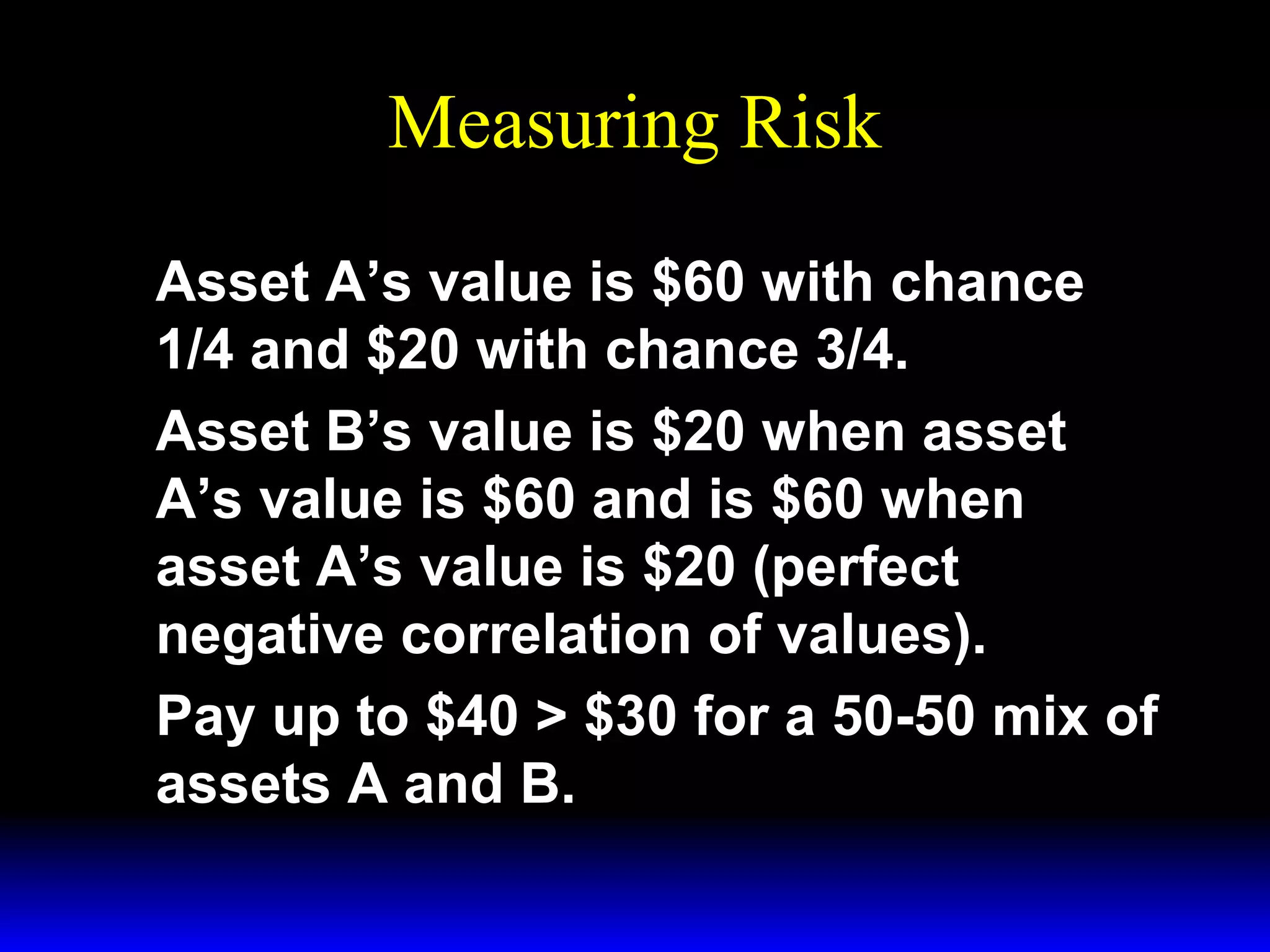 Measuring Risk
Asset A’s value is $60 with chance
1/4 and $20 with chance 3/4.
Asset B’s value is $20 when asset
A’s value is $60 and is $60 when
asset A’s value is $20 (perfect
negative correlation of values).
Pay up to $40 > $30 for a 50-50 mix of
assets A and B.

 