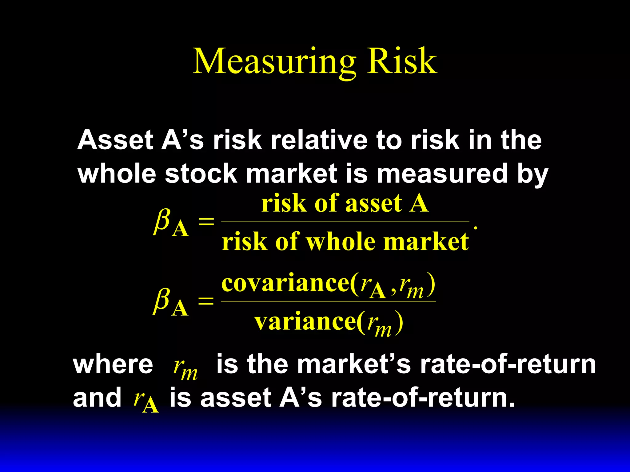 Measuring Risk
Asset A’s risk relative to risk in the
whole stock market is measured by
risk of asset A
βA =
.
risk of whole market
covariance( rA , rm )
βA =
variance( rm )
where rm is the market’s rate-of-return
and rA is asset A’s rate-of-return.

 