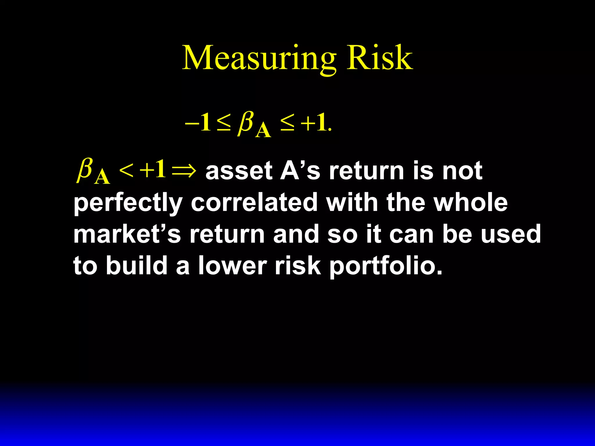 Measuring Risk
−1 ≤ β A ≤ +1.

β A < +1 ⇒ asset A’s return is not
perfectly correlated with the whole
market’s return and so it can be used
to build a lower risk portfolio.

 