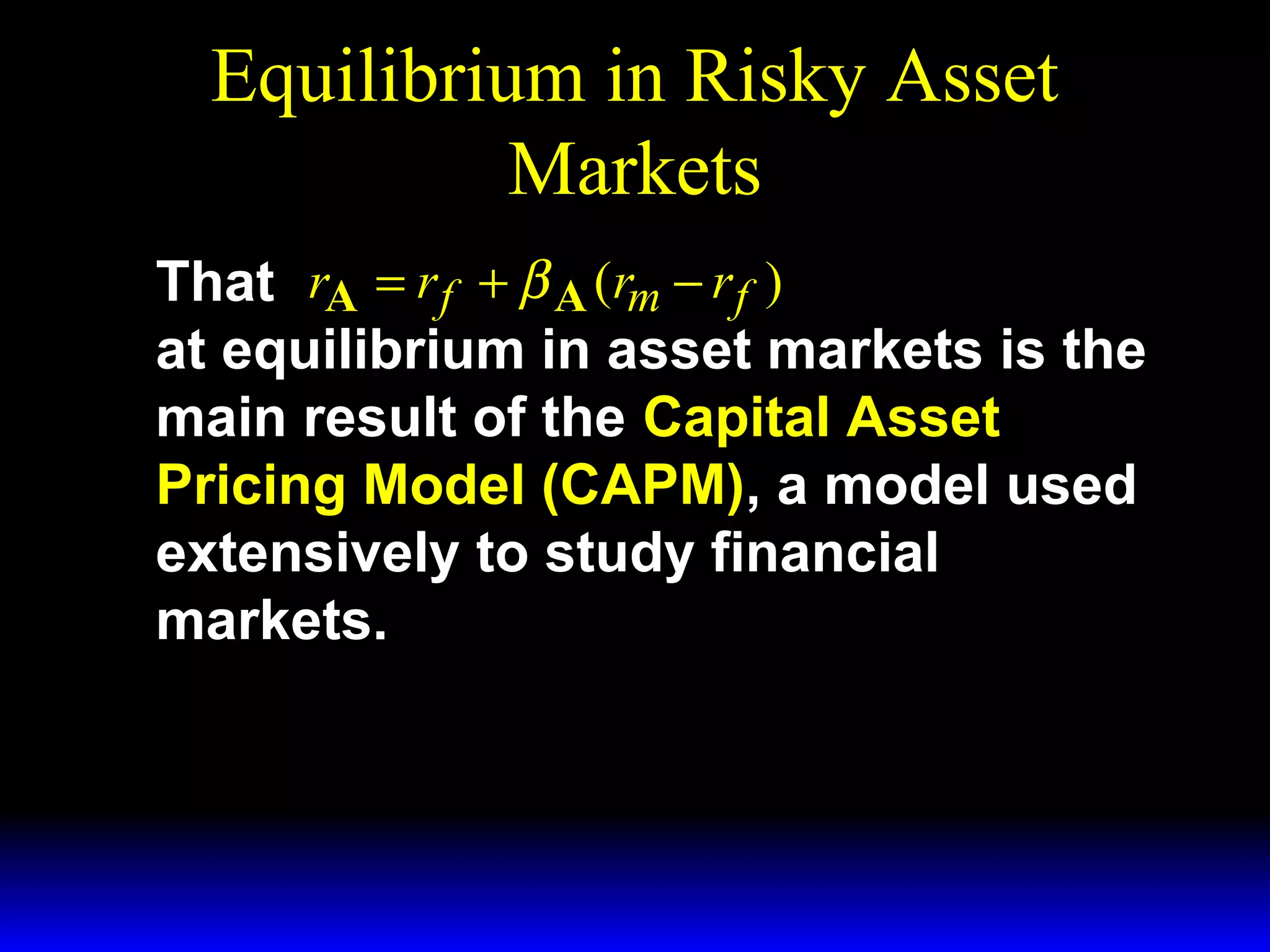 Equilibrium in Risky Asset
Markets
That rA = r f + β A (rm − r f )
at equilibrium in asset markets is the
main result of the Capital Asset
Pricing Model (CAPM), a model used
extensively to study financial
markets.

 