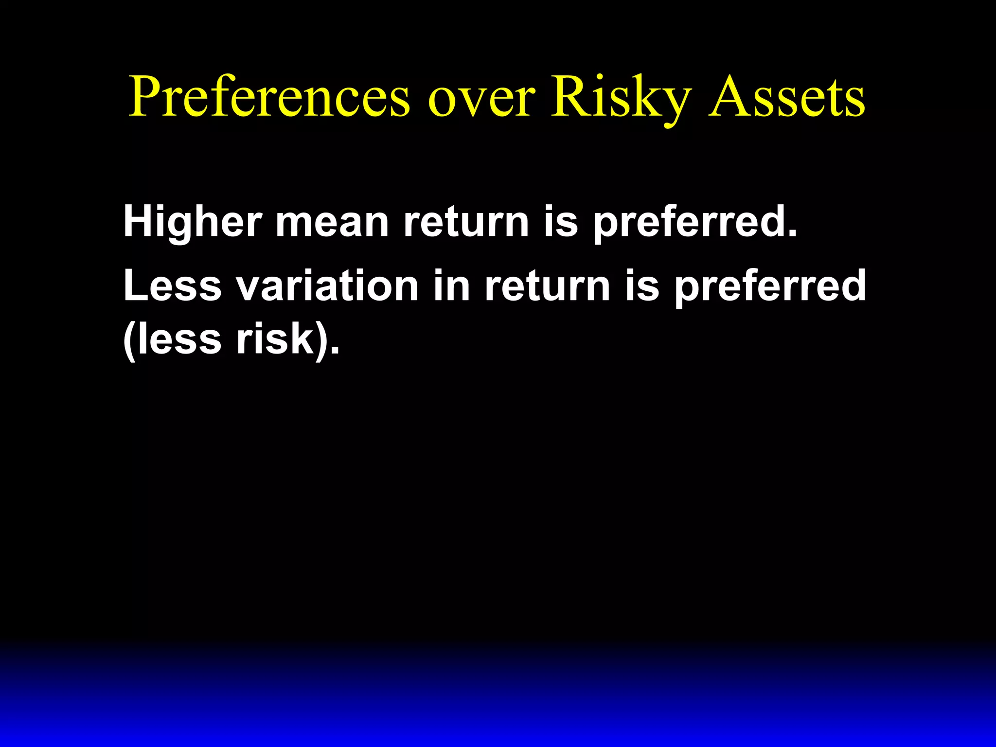 Preferences over Risky Assets
Higher mean return is preferred.
Less variation in return is preferred
(less risk).

 