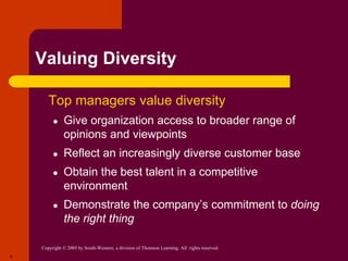 Copyright © 2005 by South-Western, a division of Thomson Learning. All rights reserved.
4
Valuing Diversity
 Top managers value diversity
● Give organization access to broader range of
opinions and viewpoints
● Reflect an increasingly diverse customer base
● Obtain the best talent in a competitive
environment
● Demonstrate the company’s commitment to doing
the right thing
 