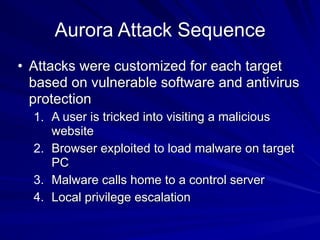 Aurora Attack Sequence
• Attacks were customized for each target
based on vulnerable software and antivirus
protection
1. A user is tricked into visiting a malicious
website
2. Browser exploited to load malware on target
PC
3. Malware calls home to a control server
4. Local privilege escalation
 