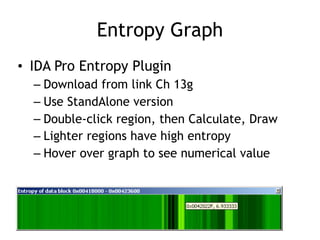 Entropy Graph
• IDA Pro Entropy Plugin
– Download from link Ch 13g
– Use StandAlone version
– Double-click region, then Calculate, Draw
– Lighter regions have high entropy
– Hover over graph to see numerical value
 