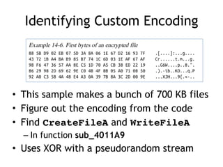 Identifying Custom Encoding
• This sample makes a bunch of 700 KB files
• Figure out the encoding from the code
• Find CreateFileA and WriteFileA
– In function sub_4011A9
• Uses XOR with a pseudorandom stream
 