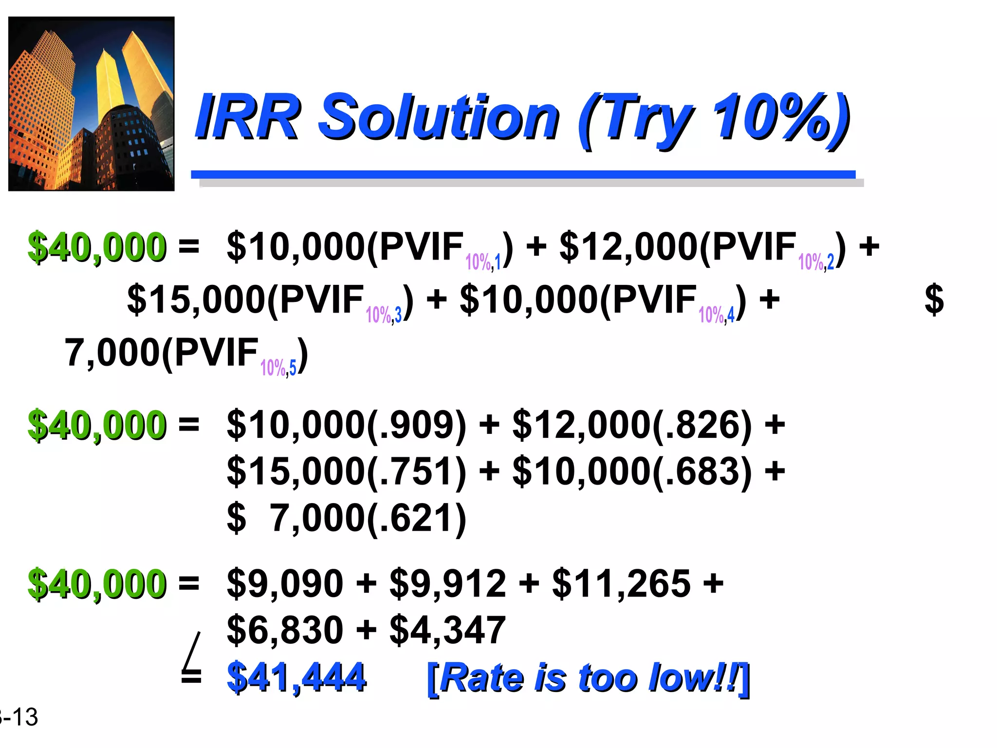 3-13
IRR Solution (Try 10%)IRR Solution (Try 10%)
$40,000$40,000 = $10,000(PVIF10%,1) + $12,000(PVIF10%,2) +
$15,000(PVIF10%,3) + $10,000(PVIF10%,4) + $
7,000(PVIF10%,5)
$40,000$40,000 = $10,000(.909) + $12,000(.826) +
$15,000(.751) + $10,000(.683) +
$ 7,000(.621)
$40,000$40,000 = $9,090 + $9,912 + $11,265 +
$6,830 + $4,347
= $41,444$41,444 [[Rate is too low!!Rate is too low!!]]
 