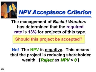 3-26
NPV Acceptance CriterionNPV Acceptance Criterion
No! The NPV is negative. This means
that the project is reducing shareholder
wealth. [RejectReject as NPVNPV < 00 ]
The management of Basket Wonders
has determined that the required
rate is 13% for projects of this type.
Should this project be accepted?
 