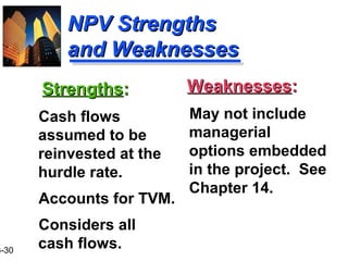 3-30
NPV StrengthsNPV Strengths
and Weaknessesand Weaknesses
StrengthsStrengths::
Cash flows
assumed to be
reinvested at the
hurdle rate.
Accounts for TVM.
Considers all
cash flows.
WeaknessesWeaknesses::
May not include
managerial
options embedded
in the project. See
Chapter 14.
 