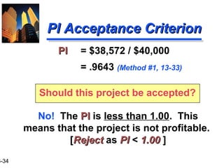 3-34
PI Acceptance CriterionPI Acceptance Criterion
No! The PIPI is less than 1.00. This
means that the project is not profitable.
[RejectReject as PIPI < 1.001.00 ]
PIPI = $38,572 / $40,000
= .9643 (Method #1, 13-33)
Should this project be accepted?
 