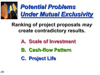 3-38
Potential ProblemsPotential Problems
Under Mutual ExclusivityUnder Mutual Exclusivity
A. Scale of InvestmentA. Scale of Investment
B. Cash-flow PatternB. Cash-flow Pattern
C. Project LifeC. Project Life
Ranking of project proposals may
create contradictory results.
 