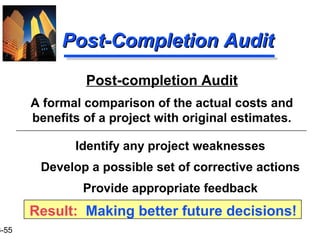 3-55
Post-Completion AuditPost-Completion Audit
Post-completion Audit
A formal comparison of the actual costs and
benefits of a project with original estimates.
Identify any project weaknesses
Develop a possible set of corrective actions
Provide appropriate feedback
Result: Making better future decisions!
 