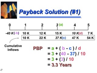 3-7
(c)10 K 22 K 37 K 47 K 54 K
Payback Solution (#1)Payback Solution (#1)
PBPPBP = a + ( b - c ) / d
= 3 + (40 - 37) / 10
= 3 + (3) / 10
= 3.3 Years3.3 Years
0 1 2 3 4 5
-40 K 10 K 12 K 15 K 10 K 7 K
Cumulative
Inflows
(a)
(-b) (d)
 
