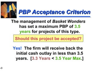 3-9
PBP Acceptance CriterionPBP Acceptance Criterion
Yes! The firm will receive back the
initial cash outlay in less than 3.5
years. [3.3 Years < 3.5 Year Max.]
The management of Basket Wonders
has set a maximum PBP of 3.5
years for projects of this type.
Should this project be accepted?
 