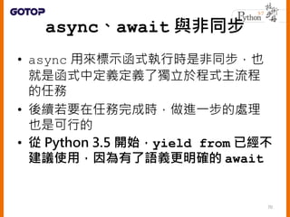 asyncawait cͬ
? async ÁʾʽЕrǷͬҲ
Ǻʽжxx˪춳ʽ
΄
? mҪ΄ɕrMһ̎
Ҳǿе
?  Python 3.5 _ʼyield from ѽ
hʹãZx_ await
70
 