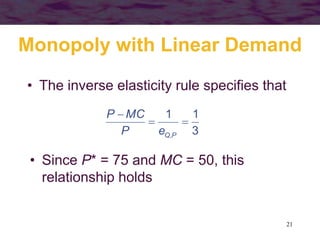 21
Monopoly with Linear Demand
• The inverse elasticity rule specifies that
3
11
,


PQeP
MCP
• Since P* = 75 and MC = 50, this
relationship holds
 