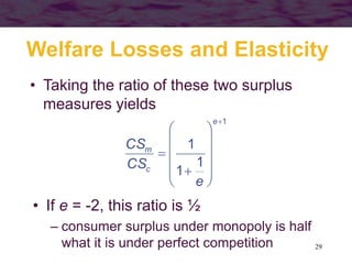 29
Welfare Losses and Elasticity
• Taking the ratio of these two surplus
measures yields
1
1
1
1















e
c
m
e
CS
CS
• If e = -2, this ratio is ½
– consumer surplus under monopoly is half
what it is under perfect competition
 